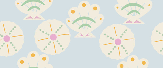 Flat illustration. Seamless sea shells in pastel colors. In cartoon style. Cute underwater themed print. Ideal for gift wrapping, posters, covers, screensavers, textile decor, etc.