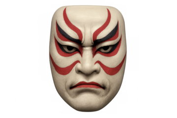 Close-up of a japanese noh mask featuring kumadori makeup, isolated on a transparent background