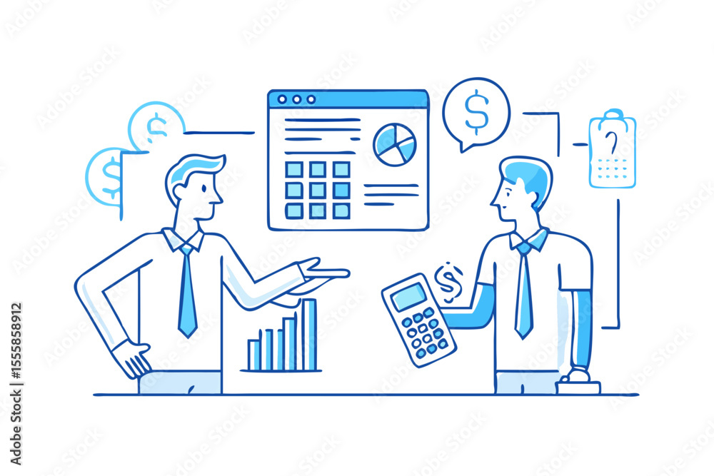 Poster two businessmen discussing financial data and using a calculator with charts and graphs in the backg