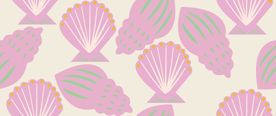 Flat illustration. Seamless sea shells in pastel colors. In cartoon style. Cute underwater themed print. Ideal for gift wrapping, posters, covers, screensavers, textile decor, etc.