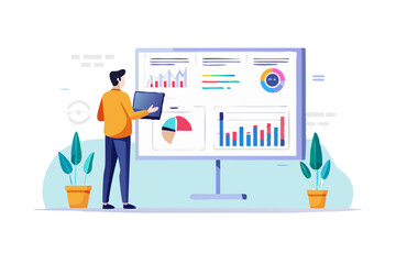 Man in orange shirt presenting financial data charts and graphs on a large screen