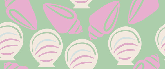 Flat illustration. Seamless sea shells in pastel colors. In cartoon style. Cute underwater themed print. Ideal for gift wrapping, posters, covers, screensavers, textile decor, etc.