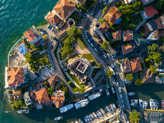 Anatolian Fortress High-angle view of a charming island town with canals and boats. An aerial shot showcasing a picturesque island town nestled amidst waterways. Anadolu Hisari Beykoz Istanbul Turkiye