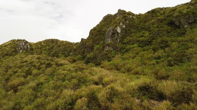 Grassy volcanic ridges of Mindanao&rsquo;s Mount Apo rise beneath a muted sky, their emerald tufts and basalt faces revealed in a gentle aerial glide along the slope.