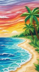 Colorful Paper Art Illustration of Tropical Beach at Sunset
