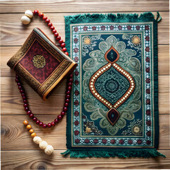 a minimalist flat lay of islamic prayer essential
