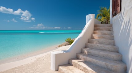 Fototapeta premium White Sand Steps Leading to a Turquoise Ocean Under a Bright Blue Sky with Fluffy Clouds