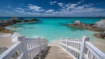 Obraz premium White Sand Steps Leading to a Turquoise Ocean Under a Bright Blue Sky with Fluffy Clouds