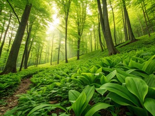 Lush woodland scenery features sunlit foliage, tall trees, and a vibrant carpet of wild garlic plants during springtime