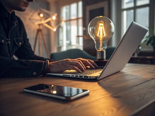 Working from home with laptop, bulb lamp and smartphone to generate new ideas in a creative interior space.