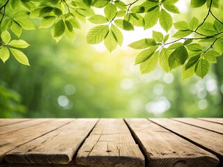 Serene summer backdrop with fresh green leaves framing a rustic wooden tabletop in a sun-dappled forest setting