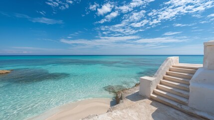 Naklejka premium White Sand Steps Leading to a Turquoise Ocean Under a Bright Blue Sky with Fluffy Clouds