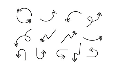 Hand drawn arrow vector set featuring curved, straight, dotted, and swirled arrows, perfect for creative projects, presentations, infographics, and decorative design needs