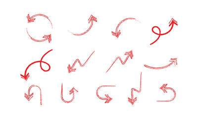 Hand drawn arrow vector set featuring curved, straight, dotted, and swirled arrows, perfect for creative projects, presentations, infographics, red arrow, and decorative design needs