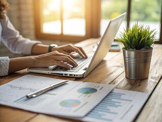 Woman working on laptop with financial graphs and a plant in a cozy office setting