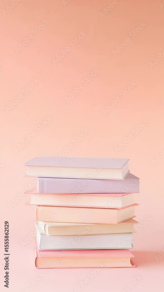Poster Pastel colored books are stacked neatly on a pink background, creating a visually appealing arrangement perfect for back to school promotions and educational content