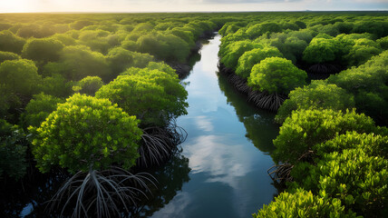 Aerial View of Mangrove Forest with River at Sunset – Lush Green Ecosystem, Tropical Wetlands, Environmental Conservation, Biodiversity Habitat, and Climate Protection Landscape