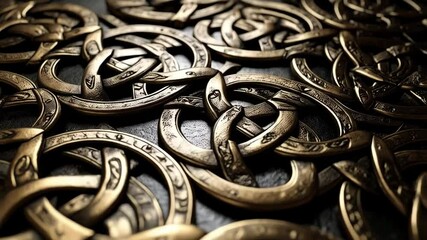 Intricate metalwork of Celtic knot patterns forming an interconnected design, bronze colored surface with elaborate details and textures.