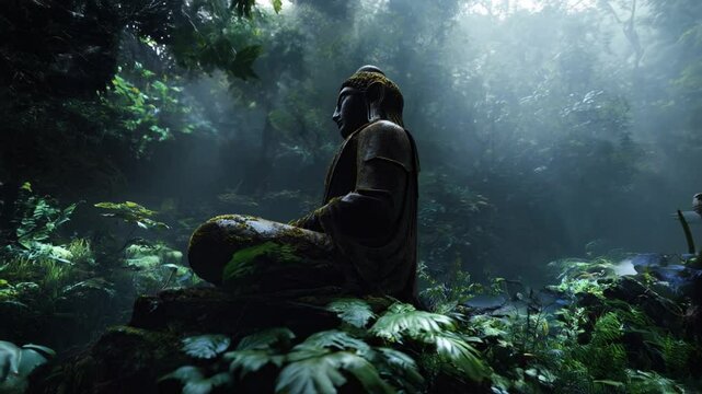 Ancient Buddha statue in misty jungle surrounded by lush greenery and soft light, symbol of peace and meditation.