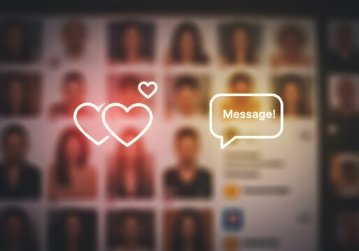 Digital portraits on screen with heart icons representing social connection