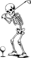 Golfing Skeleton Vector – Vintage Comic Book Style, Full Body Skeleton Mid-Swing with Golf Club and Ball – High Resolution, Crisp Lines, Transparent Background, Ideal for T-Shirts and Stickers