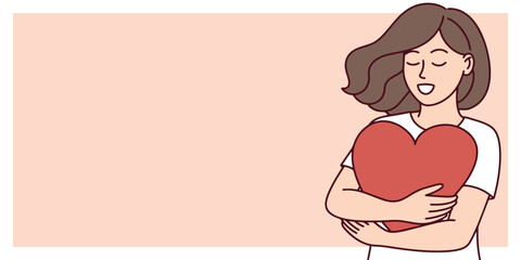 Horizontal illustration with woman hugging red heart, peaceful face and closed eyes symbolizing love and emotional care, copy space, banner