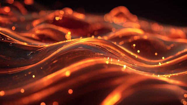 Abstract glowing orange waves with dynamic light particles, futuristic motion background with energy flow.