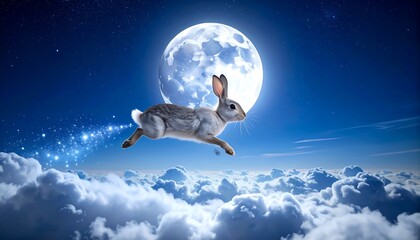 Magical Flying Rabbit in a Moonlit Dreamscape
