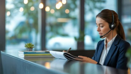 Professional Woman Using Headset and Reviewing Documents at Reception Desk in Modern Office