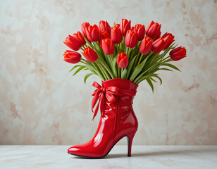Red Tulips Bursting from a Stylish Red High-Heel Boot Vase, a Unique Floral Display