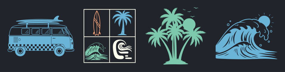 Vector graphic set with a tropical surf theme graphics. Perfect for t-shirt print, posters, and other surfing related designs