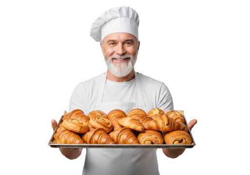 Cheerful baker holding tray of fresh croissants