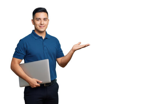 Confident man in blue polo shirt holding laptop and gesturing