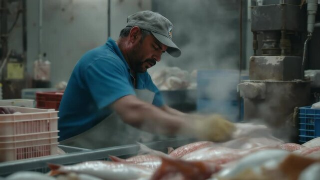 Focused Man Processing Fresh Fish in Industrial Seafood Market with Steamy Environment