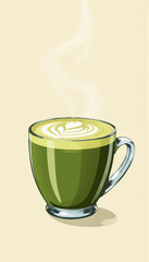 Green matcha latte in glass cup with steam on light background  