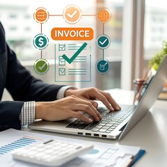 Fototapeta premium E-invoice and online digital statements concept, Electronic tax invoice. Businessman working with digital invoice management system on computer laptop