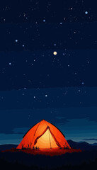 Camping tent illuminated under a starry night sky  