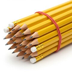 Bundle of yellow pencils tied with rubber band on white background  