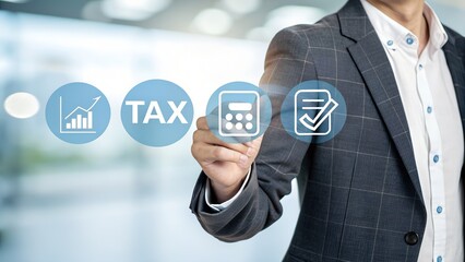 Online tax payment concept. Tax calculation, making income tax return and personal financial account. Businessman using laptop with tax icon on virtual screen