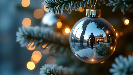 Elegant Silver Christmas Ornament with Lights and Bokeh Holiday Magic