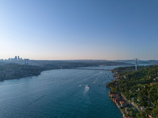 Fatih Sultan Mehmet Bridge Aerial view of the Bosphorus Strait in Istanbul, Turkey. A breathtaking aerial shot of the Bosphorus Strait, showcasing the vibrant city of Istanbul, Turkey. Beykoz Kucuksu