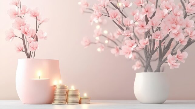 Serene tablescape, pink flowers and glowing candles create a romantic ambiance pink