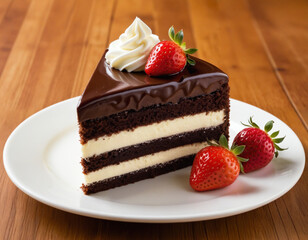 Decadent chocolate layer cake slice with white cream filling, whipped cream and fresh strawberries on white plate - dessert and bakery concept