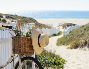 Vintage bicycle with wicker basket and straw hat on coastal path overlooking ocean - summer vacation, leisurely cycling and seaside lifestyle concept