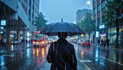 Obraz premium realistic wide shot photo of a friend holding an umbrella waiting in heavy rain for their buddy show