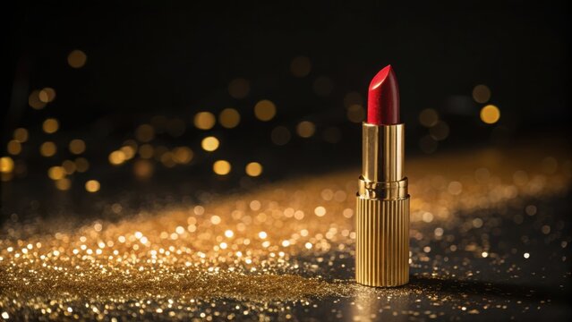 Vibrant red lipstick with gold casing stands upright amidst sparkling gold glitter and bokeh lights sparkle