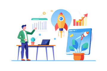 Man presenting business growth strategy with rockets and financial charts on a dark background