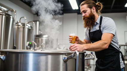 Brewer examining beer in brewing kettle in modern brewery . International Beer Day 