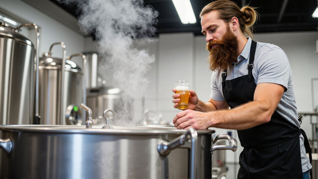 Brewer examining beer in brewing kettle in modern brewery . International Beer Day 