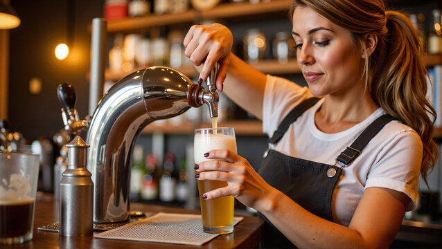 Woman pouring beer at bar counter during International Beer Day  